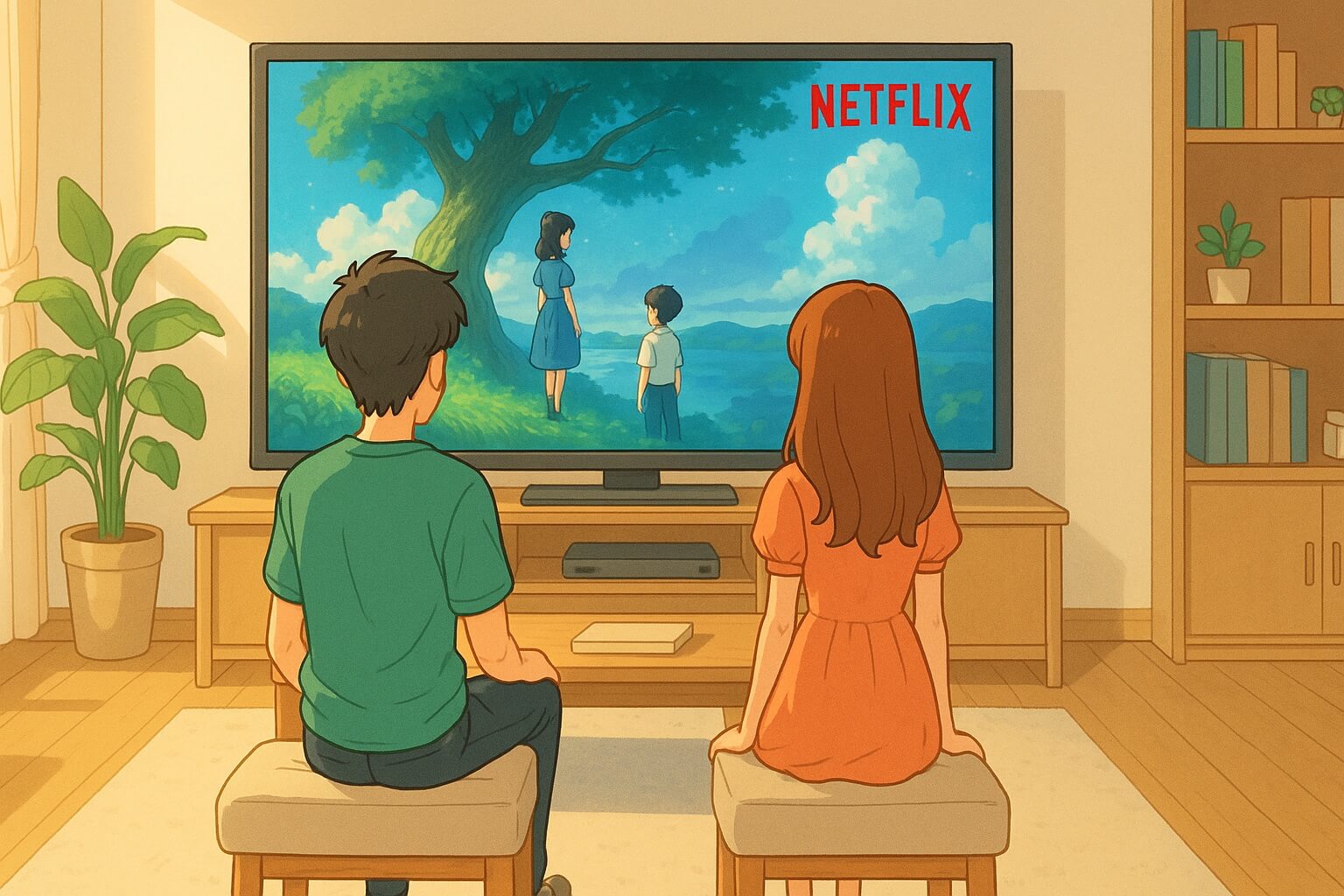 Men and women watching Netflix on TV