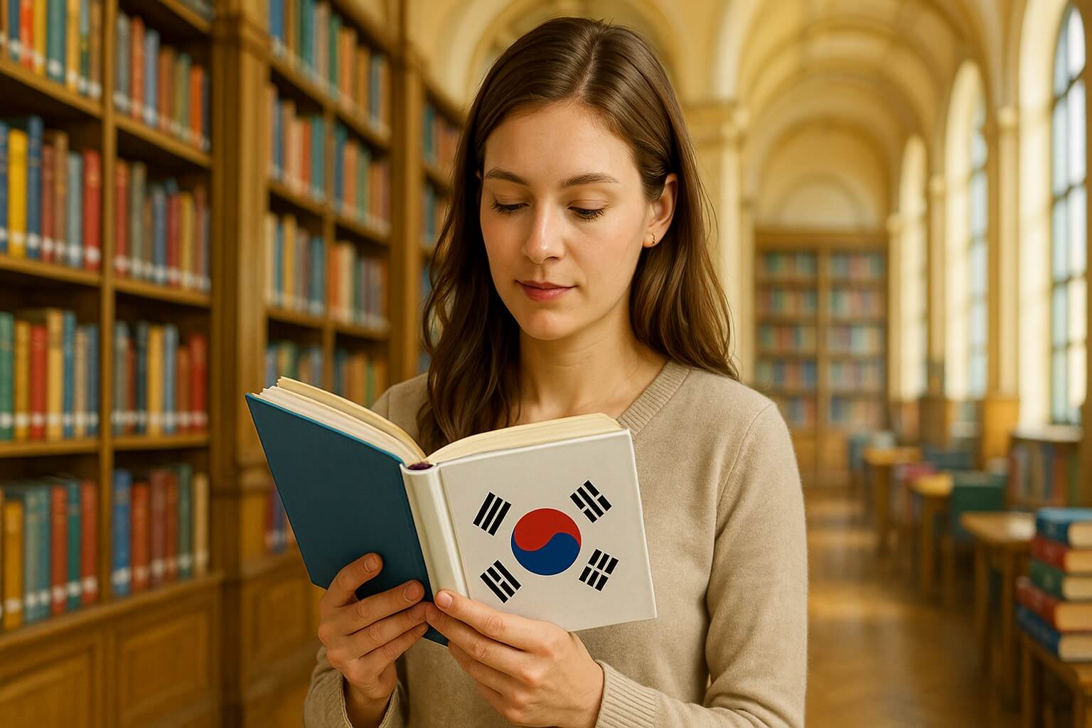 Woman reading a Korean book