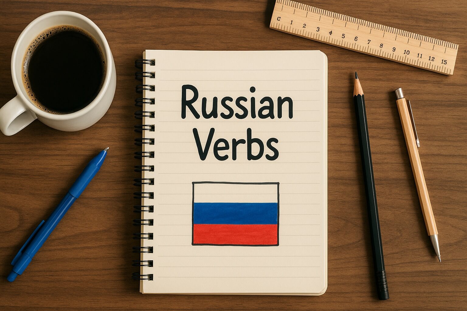The Russian flag is drawn on the notebook.