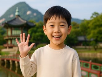A Korean boy is saying hello.