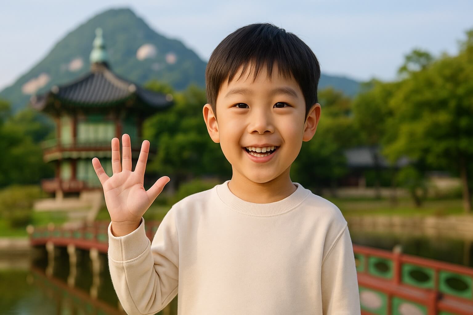A Korean boy is saying hello.