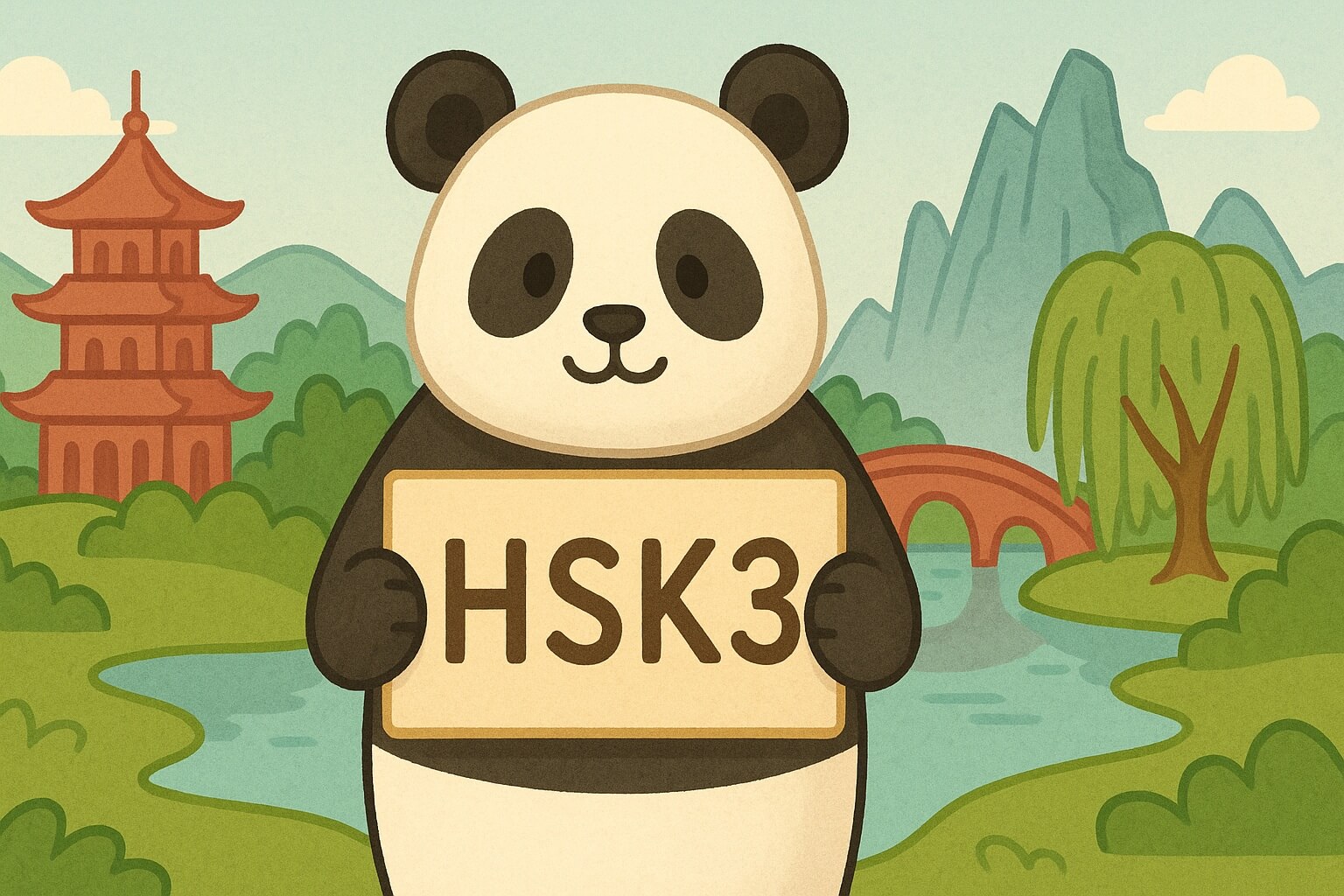 A panda holding a board that says “HSK3.”