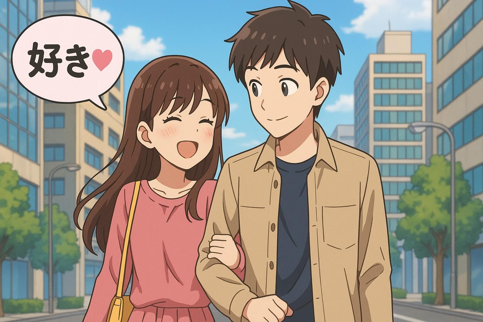 A Japanese couple, the woman is telling the man, “I like you.”