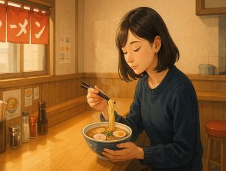 A woman eating ramen alone at a ramen shop