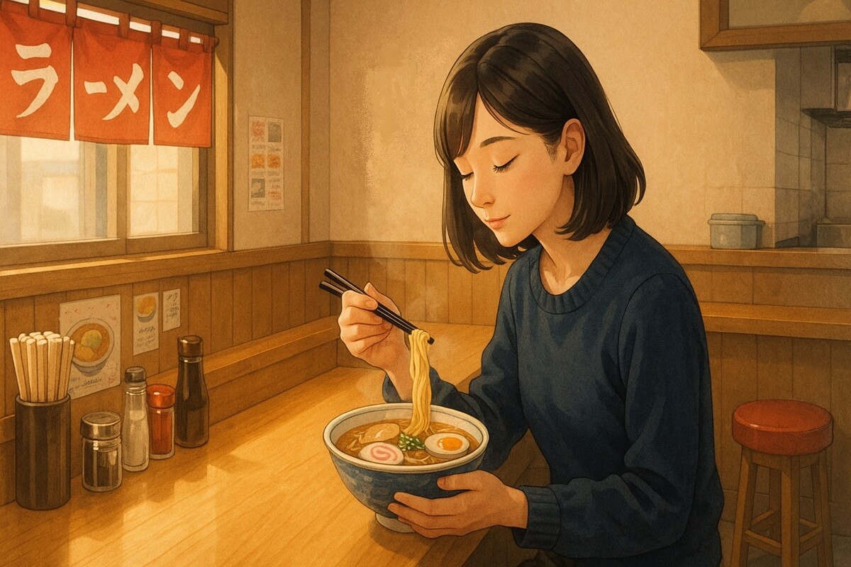 A woman eating ramen alone at a ramen shop