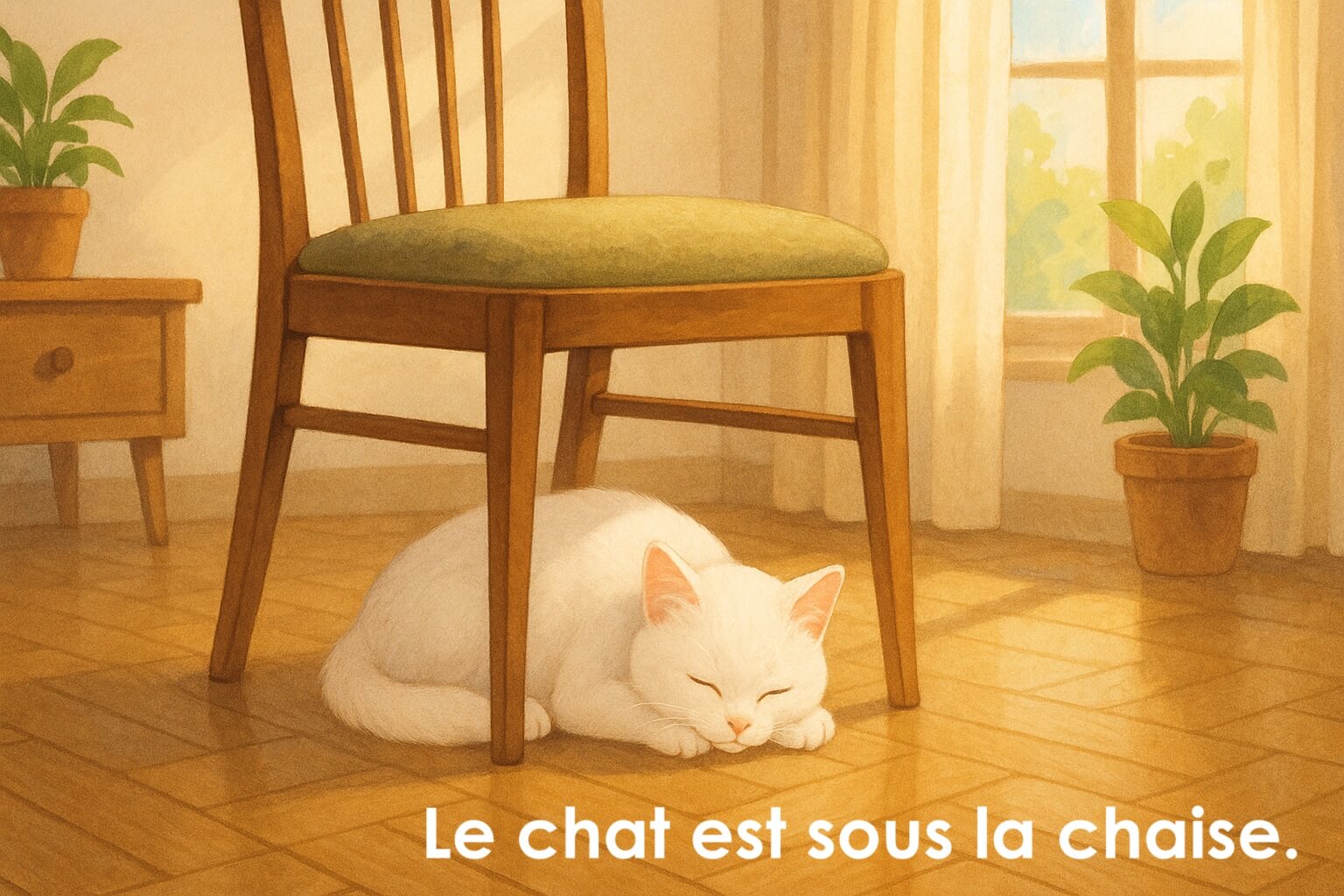 The cat is sleeping under the chair.