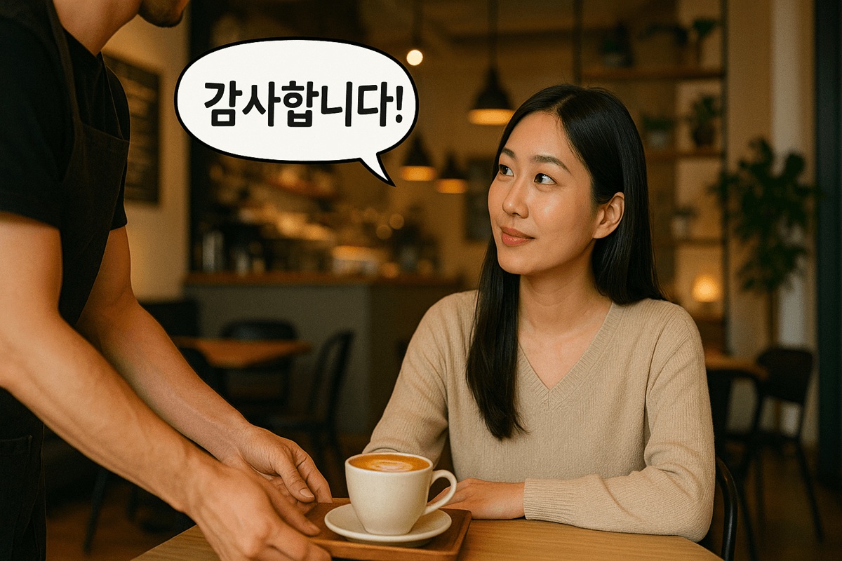 A woman receiving coffee from a barista at a cafe and saying thank you