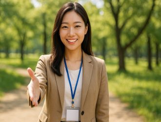 A Korean woman greeting someone.