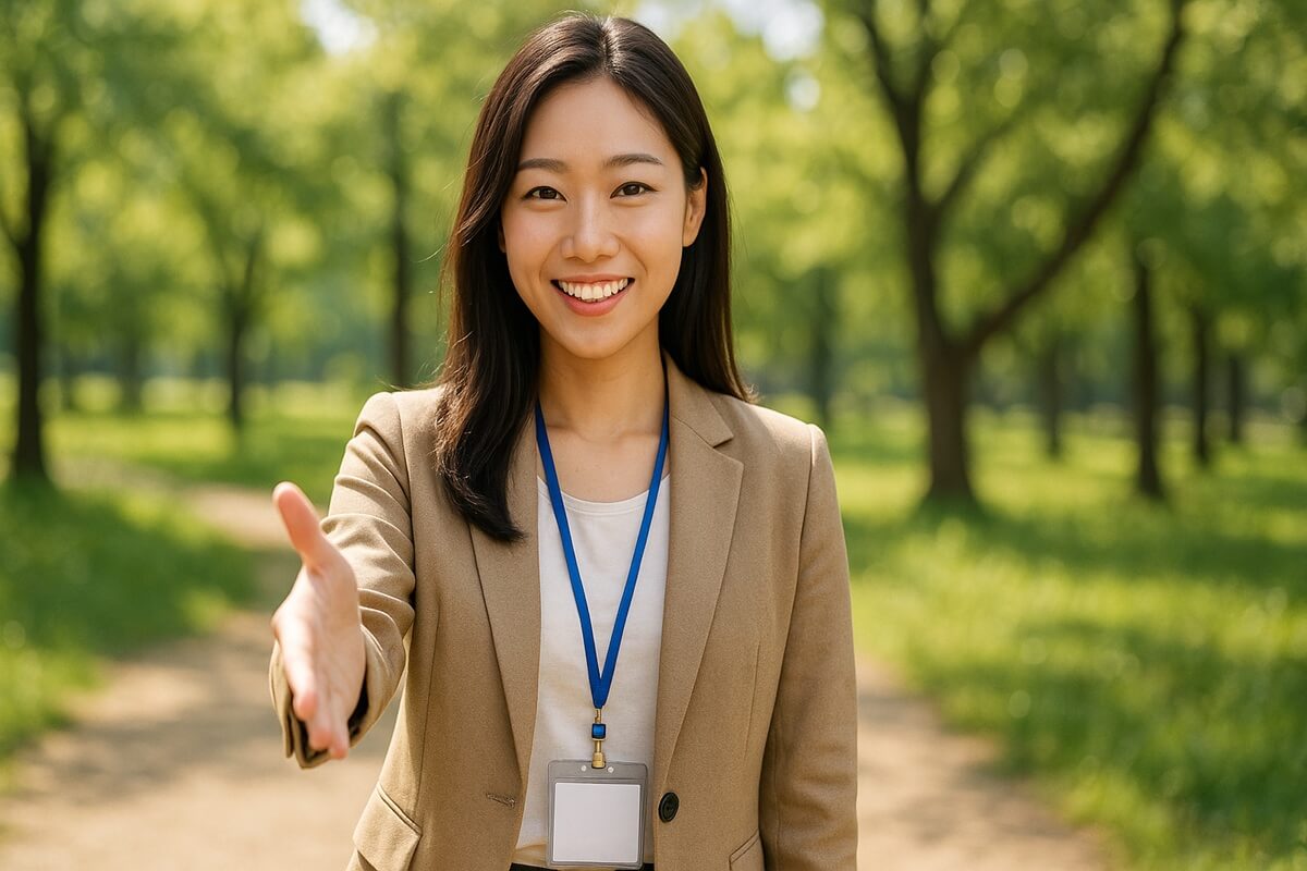 A Korean woman greeting someone.