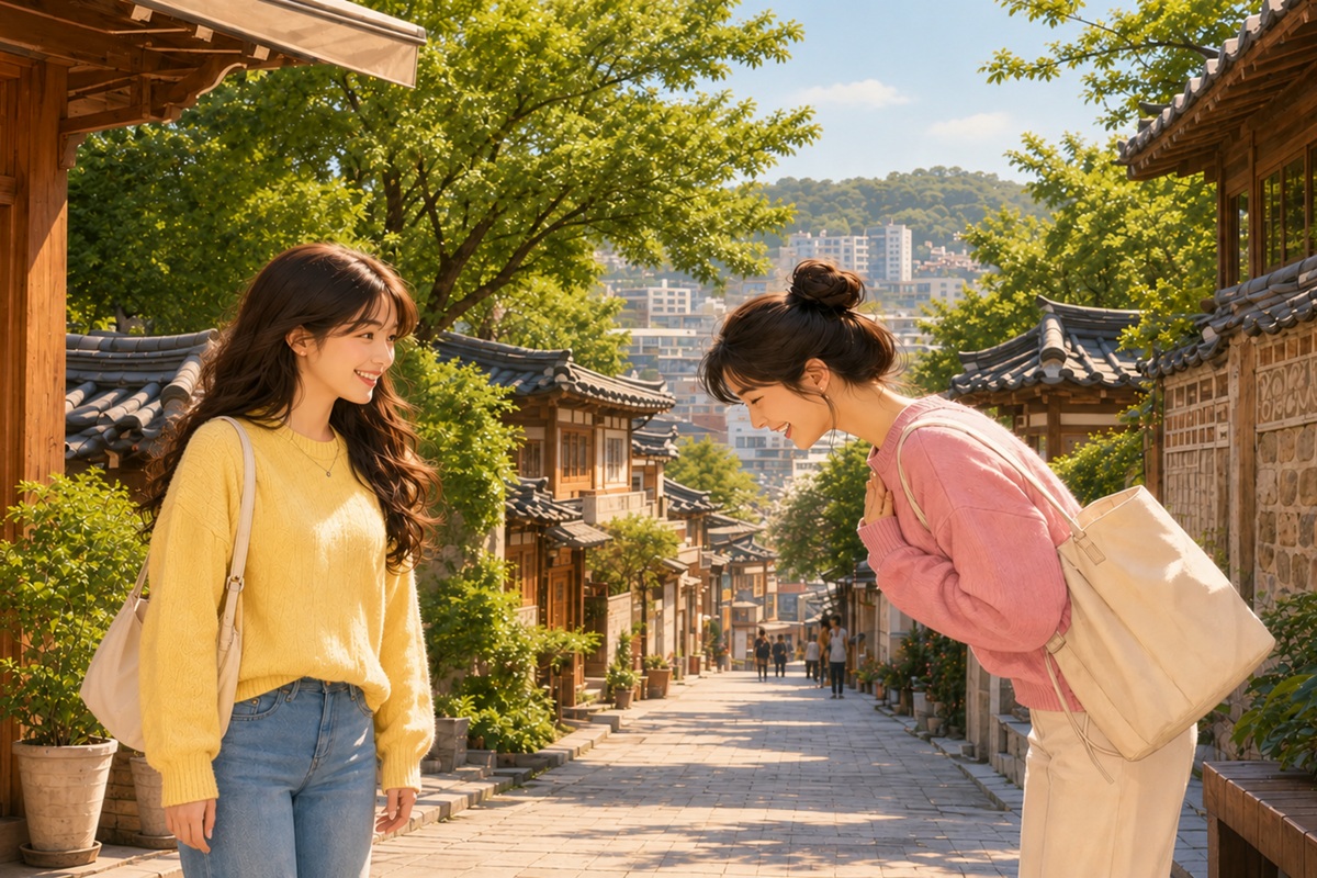 Korean Greeting Conversation Guide Illustration