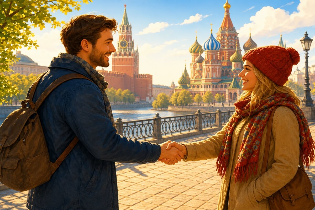Russian People Greeting Each Other Warmly